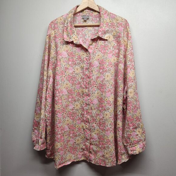 J. Jill Button Down Shirt Women Plus Size 4X Pink Floral Long Sleeve Linen - Picture 1 of 9